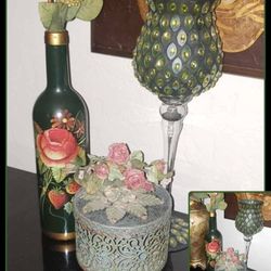 X3 VINTAGE ORNATE FLORAL METAL JEWELRY BOX FLOWER ROSE STRAWBERRY HAND PAINTED WINE BOTTLE VASE BEADED BLING TABLE DECOR