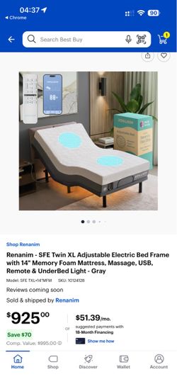 Renanim - SFE Twin XL Adjustable Electric Bed Frame with 14" Memory Foam Mattress, Massage, USB, Remote & UnderBed Light - Gray