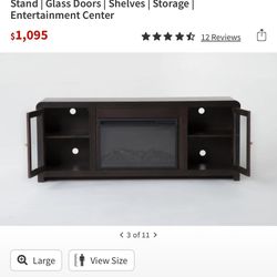 Kabria Cocoa 66" Modern Electric Fireplace Wood TV Stand | Glass Doors | Shelves | Storage | Entertainment Center