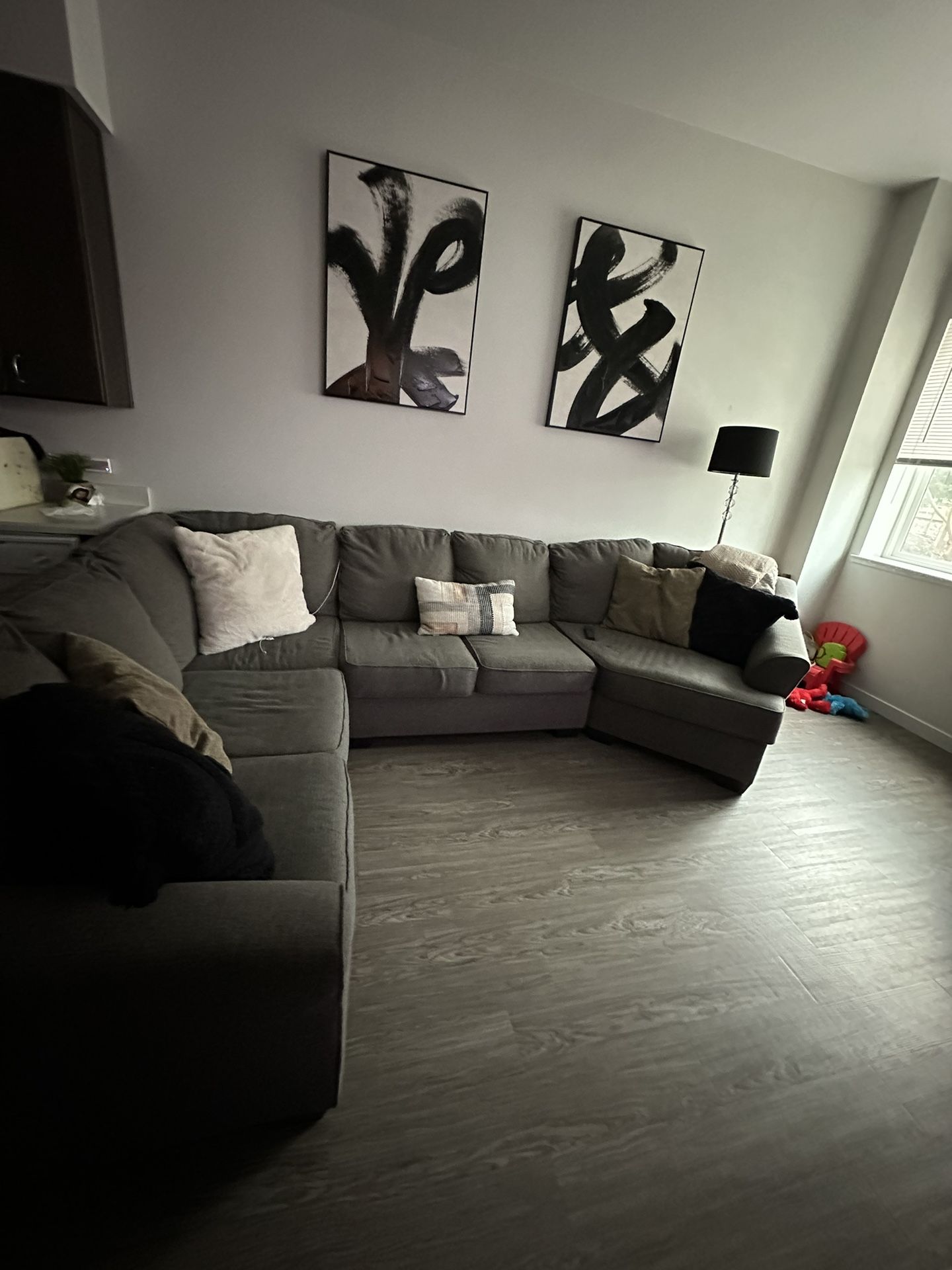 Grey Sectional Wit Custom Chaise. 
