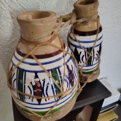 Small Moroccan Bongo Set. Hand Made. Clay. And Goat Skin. Vintage. 