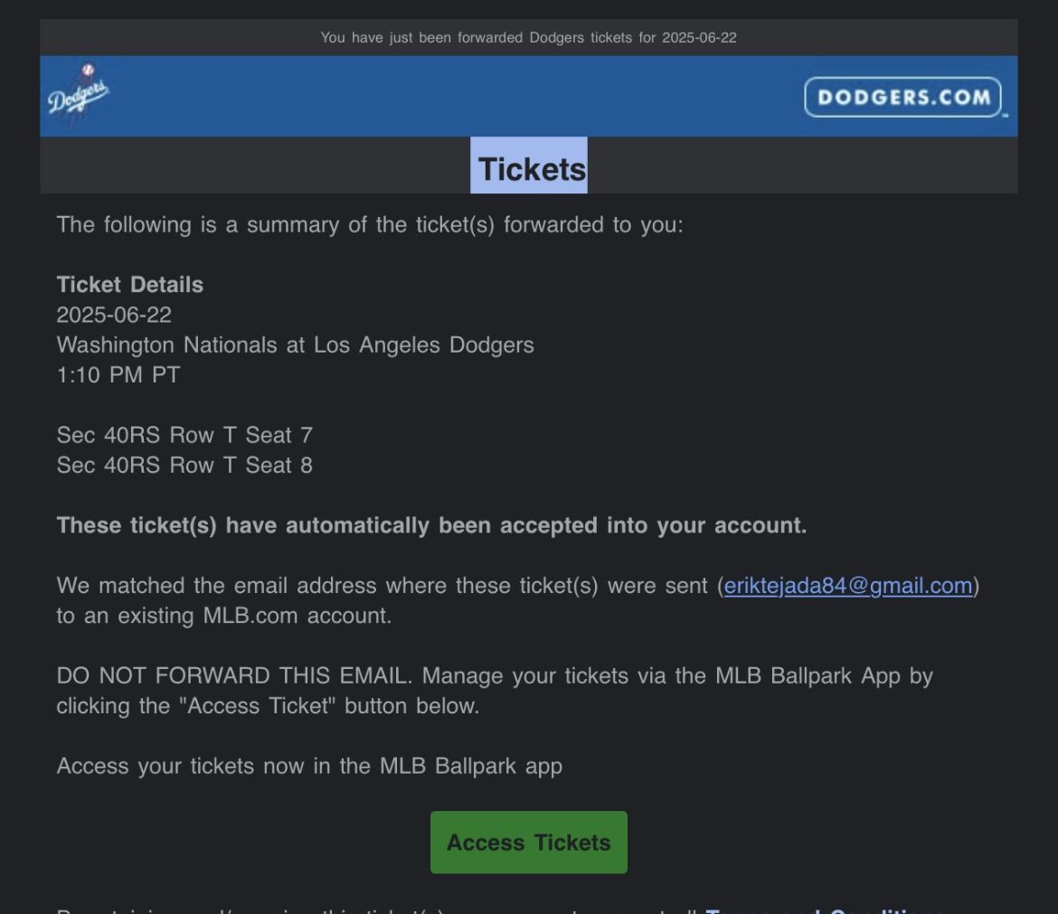 Dodgers Tickets 6-22 Vs Washington Nationals