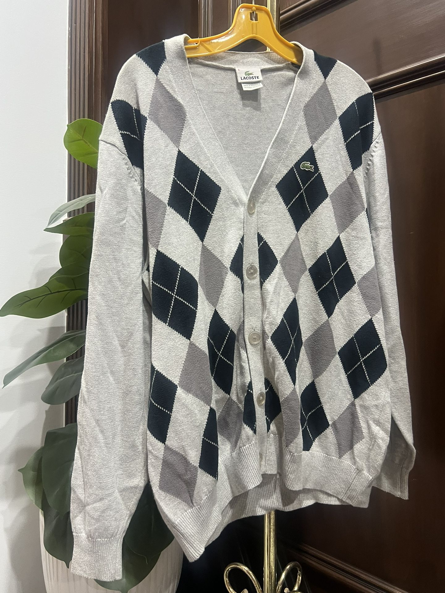 Lacoste Gray and Black Cardigan Sweater Argyle Design
