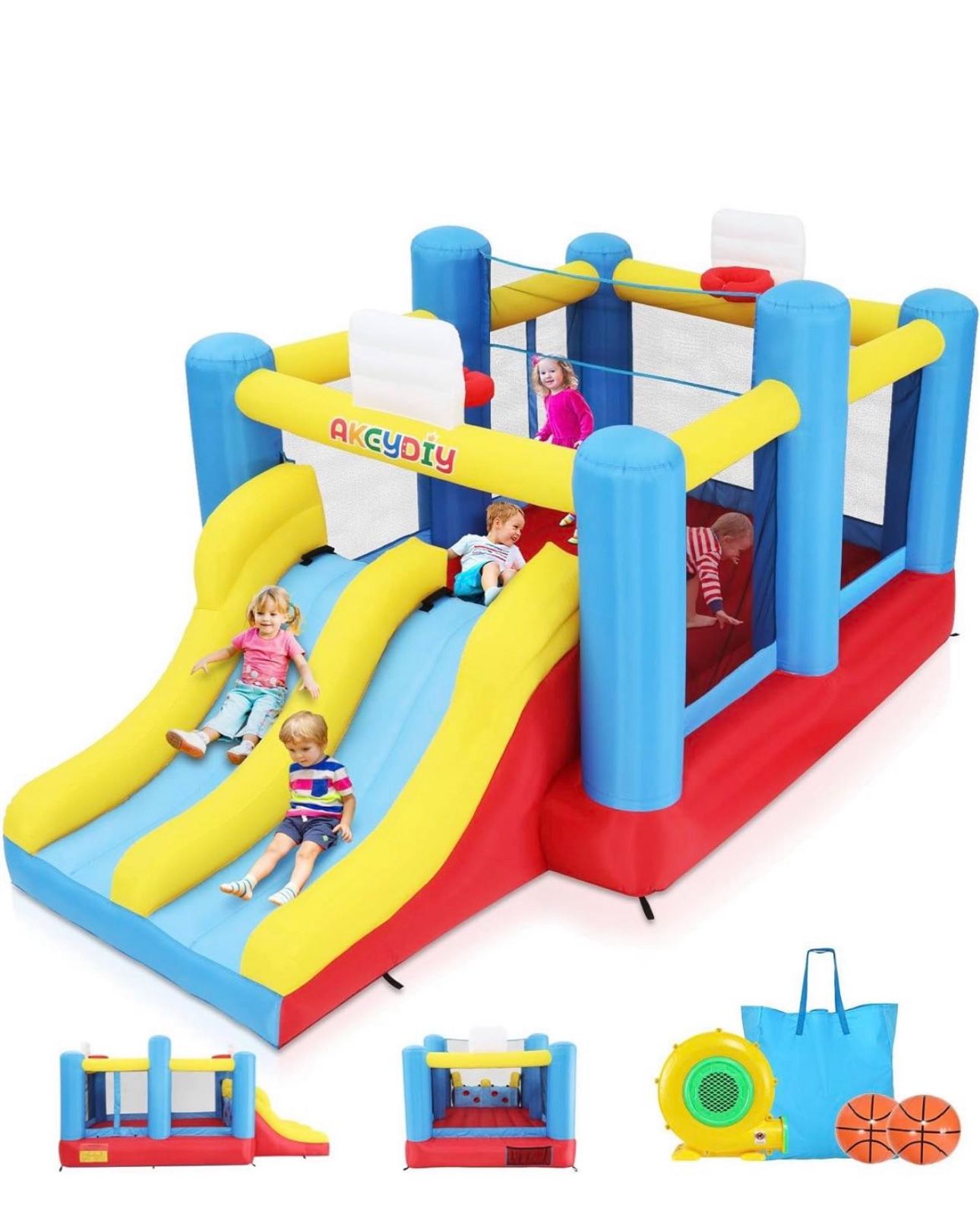 AKEYDIY Inflatable Bounce House, Outdoor Indoor Bouncy House with Blower for Kids, Sports Ball Game Theme Park Bouncer w/Double Slide, Large Bounce Ar