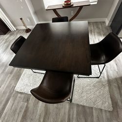 Dark Brown Wood Dining Table with 4 Faux Leather Chairs