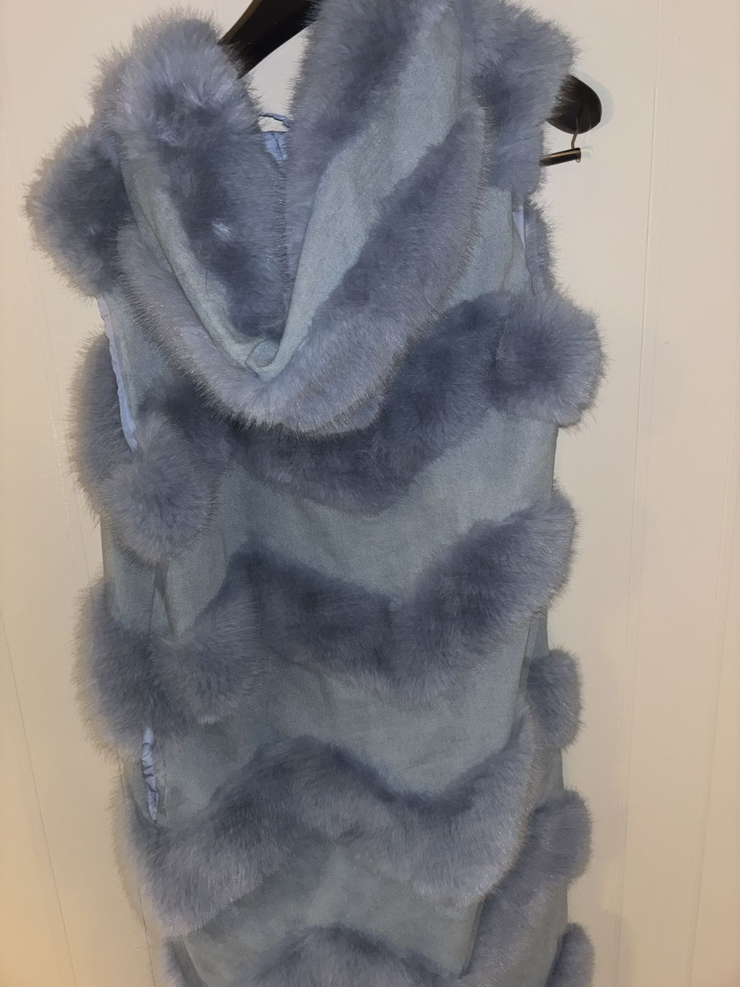Soft blue faux fur hooded cape with hood