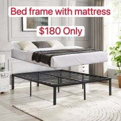 16" Queen Size Metal Platform Bed Frame, Heavy Duty Steel Slat/Mattress Foundation, No Box Spring Needed, Black