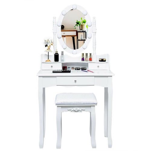 White Makeup Vanity Dressing Table Set w/10 Dimmable Bulbs and Touch Switch
