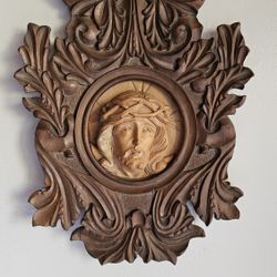 Vintage Hand-Carved Wood Religious Plaque - Jesus / Christ