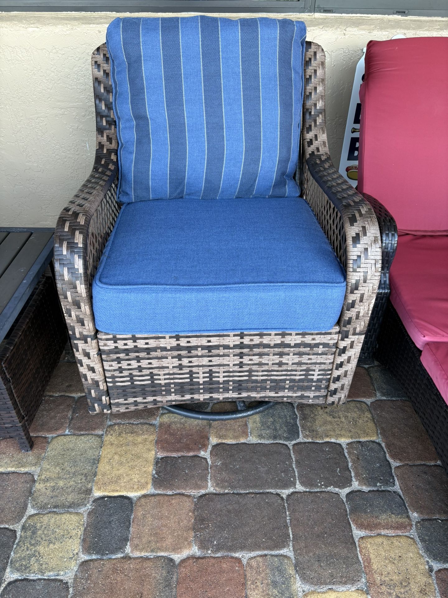 Wicker Swivel Rocking Chair Set of 2 with Navy Blue Thickened Cushions and 1 Side Coffee Table,