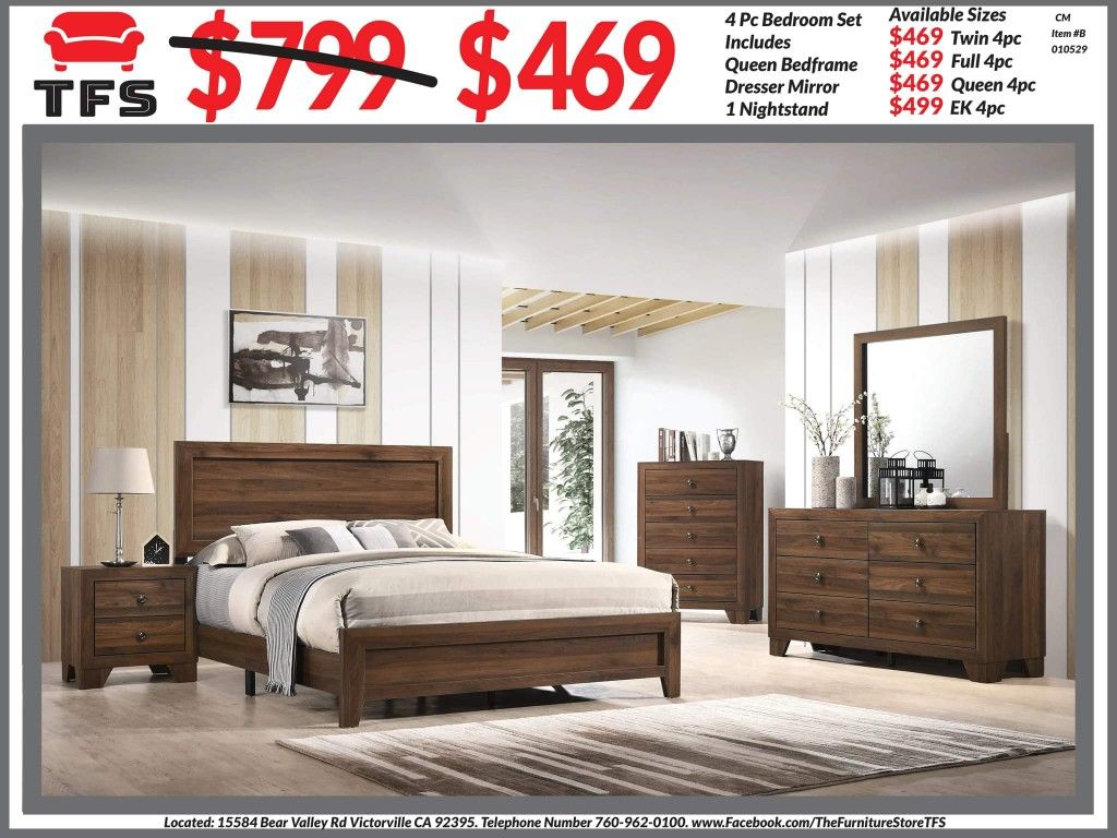 4pc Bedroom Set $469 Queen $499 Eastern King Includes bedframe Dresser mirror nightstand Brown Bedroom Set