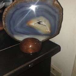 Purple Agate Slice With Wooden Stand. 5 Inches Wide And 4.75 “Tall