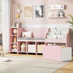 67" Kids Reading Nook with Bench, Kids Bookshelf and Bookcase with Seat Cushion and 6 Storage Cubbies, Toy Storage Box on Wheels, Toy Chest for Playro