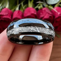 Men's 8mm Tungsten Carbide Blue Metoriote Inspired Carbon Fiber Inlay Comfort-Fit Engagement Wedding Band