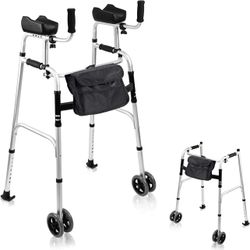 Folding walker with 4 wheels and support for armrests of 350 pounds, light standard adjustable height, mobility aid for the elderly,