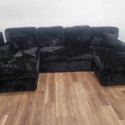 New 3pc Double Chaise Sectional In Black Corduroy 