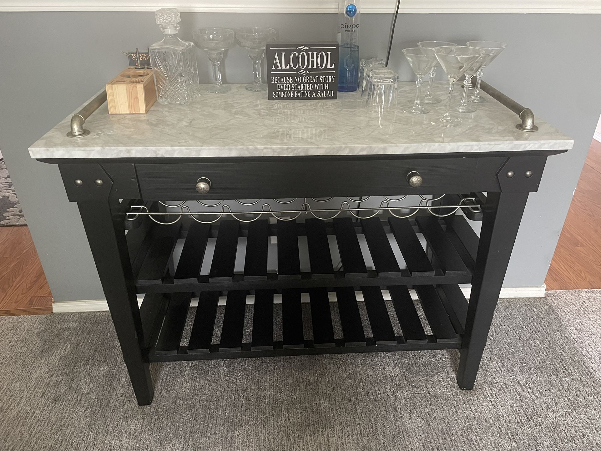 Modern Marble-Top Bar Cart / Wine Rack