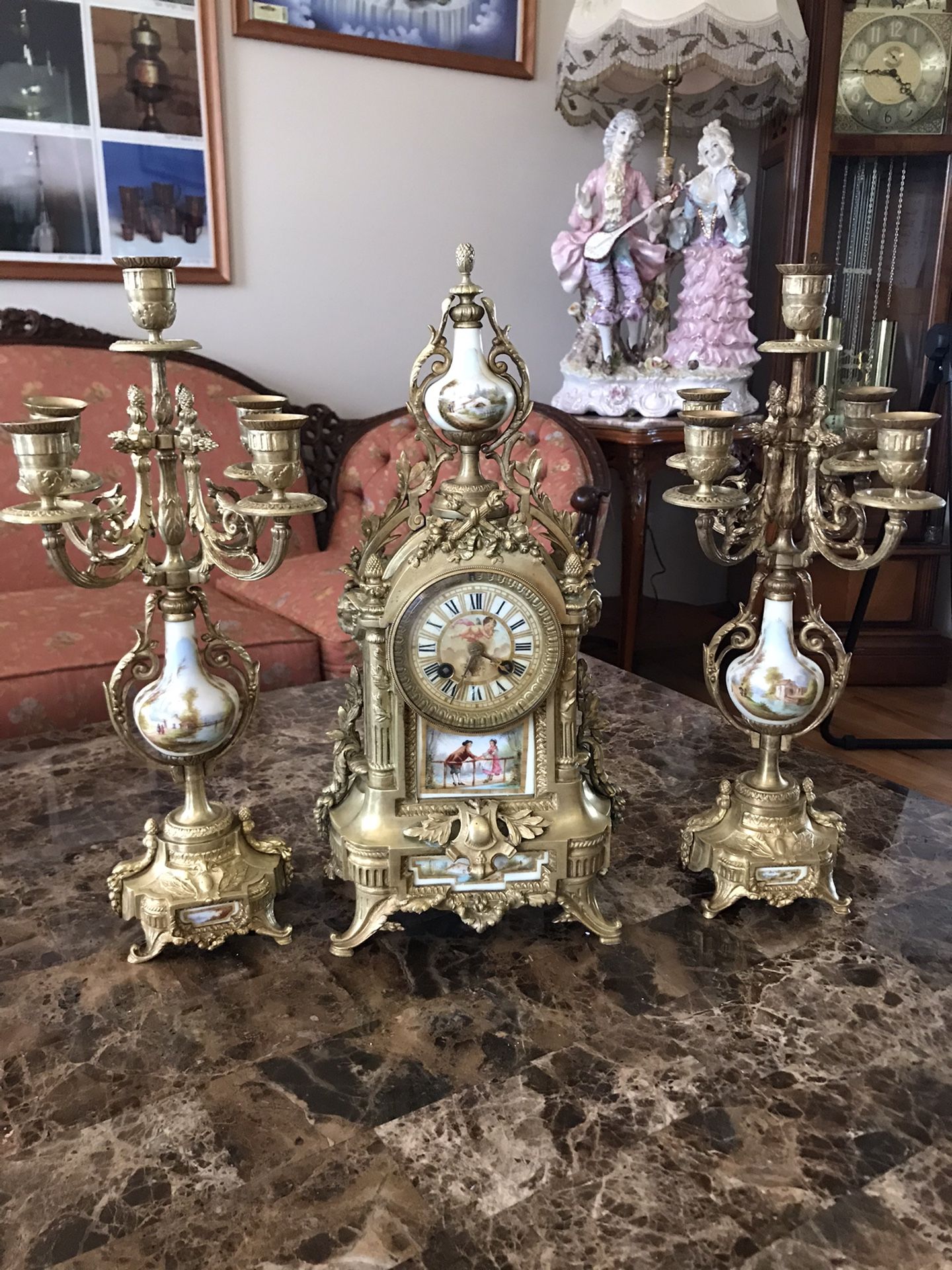 Antique French Clock Mantle & a Pair of Candelabras