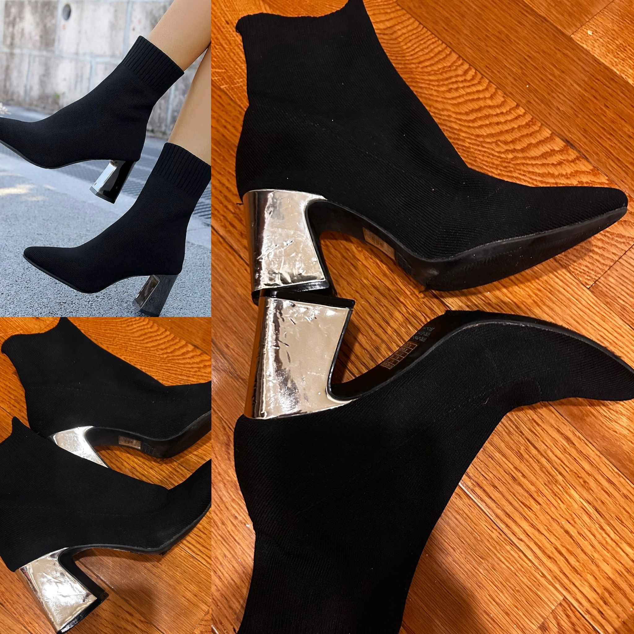 Forever 21 Knit Stretch Sock Slip on POINTED-TOE metallic heels ANKLE BOOTS 8