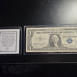 Rare US 1 Dollar Bill Series 1957 A, With Certificate Of Authenticity Included 