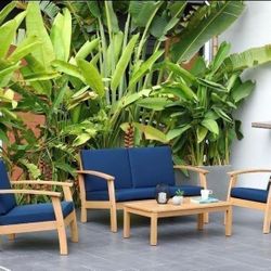 Modern 4PC Solid Wood Patio Conversation Set – Blue, Teak Finish | Brand New | Commercial Grade Heavy Duty | Outdoor | Closeout Deal + Delivery