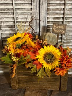 Ht-14in width-17in HANDMADE artificial Fall arrangement in a wood crate