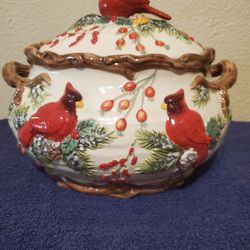 Old World Cardinal And Holly Bowl With Lid
