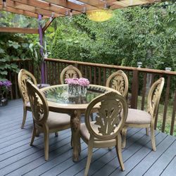 Antique Wood/glass Round Dining Table 6 Chairs