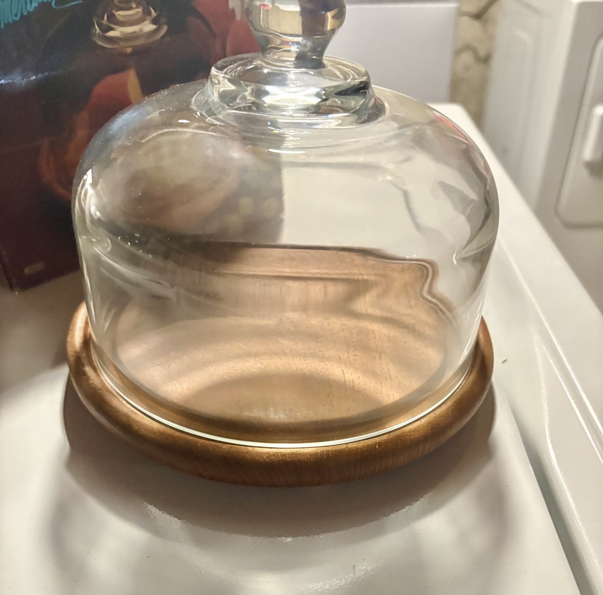 Vintage Julie Pomerantz Teakwood Cheese Tray with Glass Dome in original box