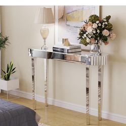 Decorative Mirrored Console Table: 47.2 inch Wide Glass Mirror Entry Table Tall Bling Silver Vanity Desk