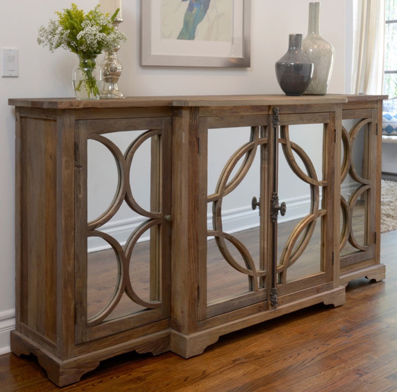 Reclaimed Elm Wood Mirrored Sideboard By Wells - HIGH END MODEL HOME