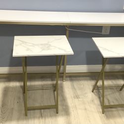 Modern White Console Table with Power Outlets + 2 Marble Accent Tables (Gold Frame)