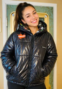 Members Only Black Shiny Puffer Jacket with Nickelodeon Logo