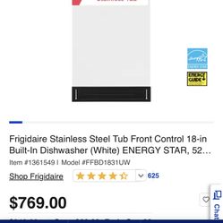 Frigidaire 18 In. ADA Compact Front Control Dishwasher In White With Dual Spray Arms, 52 DBA, Includes Room-Of-Choice Delivery