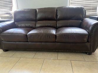 Dark Brown Leather Sofa with Nailhead Trim