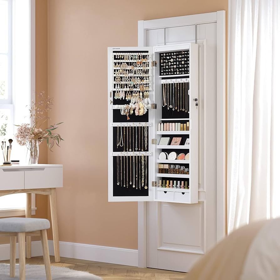 6 LEDs Mirror Jewelry Cabinet, 47.2-Inch Tall Lockable Wall or Door Mounted Jewelry Armoire Organizer with Mirror, 2 Drawers, 3.9 x 14.6 x 47.2 Inches