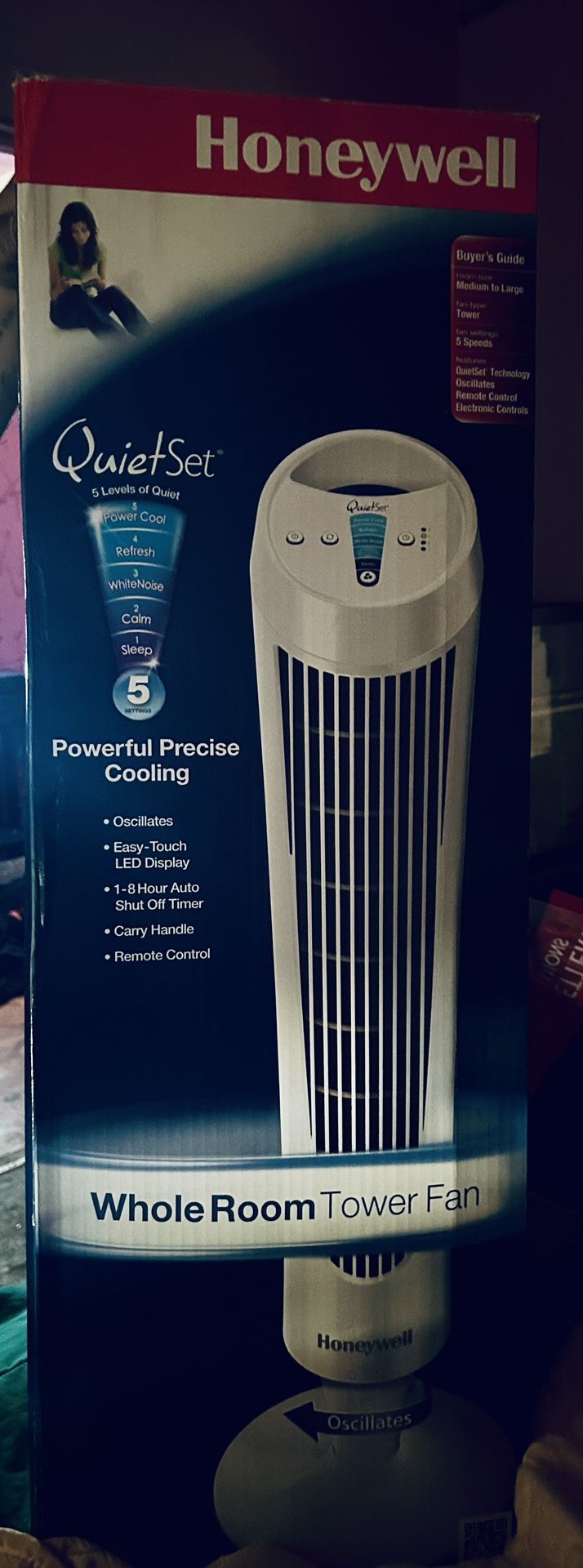 BRAND NEW Honeywell “Whole Room” Oscillating Cooling Tower Fan (plus optional relaxing sound control) with Remote Control. Still in box!