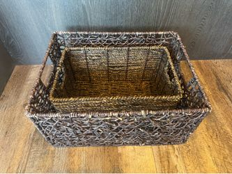 Set of 2 Dark Brown Woven Seagrass Storage Baskets