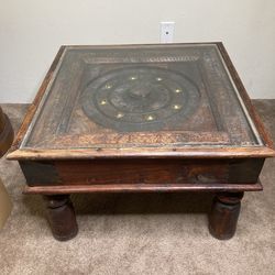 Side Table Coffee Table with Spinning Wheel Under Glass