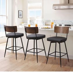 Swivel Bar Stools Set of 3, Upholstered Faux Leather Barstools with Wood Backs and Metal Legs, 29"