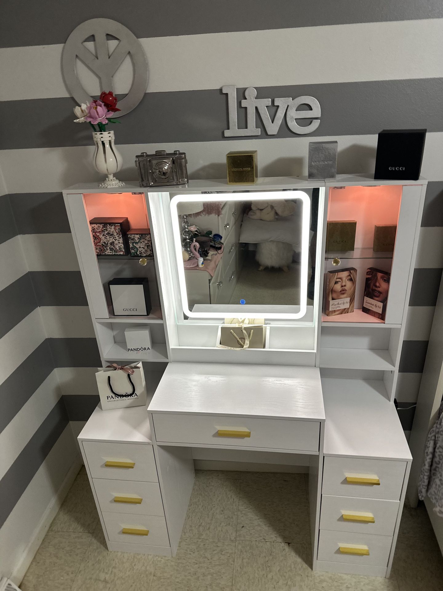 Brand New LED Makeup Vanity w/ Lighted Mirror & RGB Shelves