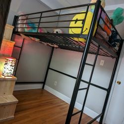 Black Metal Loft Bed with built in ladder, fits Full Size Mattress, Adult or Child
