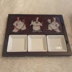  Vintage Wooden Tray Cutting Board/Cheeseboard and Three Appetizer Plates