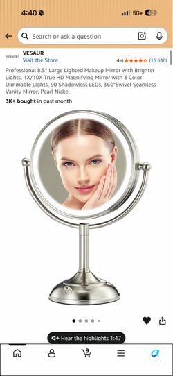 Professional 8.5" Large Lighted Makeup Mirror with Brighter Lights, 1X/10X True HD Magnifying Mirror with 3 Color Dimmable Lights, 90 Shadowless LEDs,
