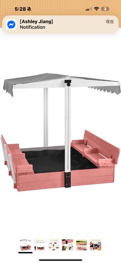 New in box Sandbox with Lid Outdoor Sandboxes with Cover Wooden Foldable Bench Seats with Canopy for Kids Large Sandy Box with Adjustable-Height Roof 