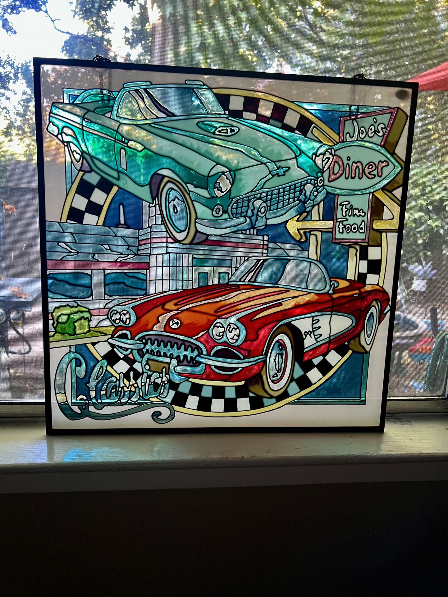 Stained Glass Classic Cars and Joe’s Diner 