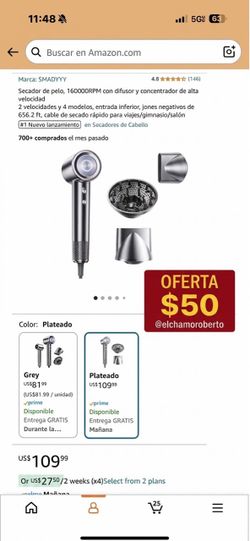 Secador de pelo, 160000RPM con difusor