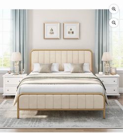 Upholstered Bed Frame with Gold Metal Base
