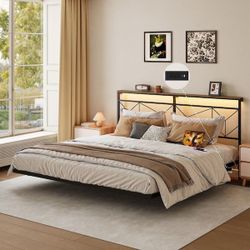New in box King Size Floating Bed Frame Metal Platform Bed Frame with LED Lights and Charging Station Easy Assembly，Black