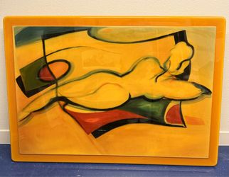 Large Contemporary Yellow Lacquer Painting on Solid Wood, Modern Abstract (4 ft 8 in × 3 ft 4 in)